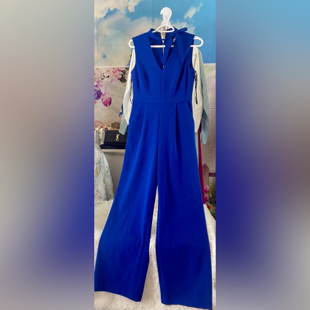 New Calvin Klein women’s tie neck jumpsuit 2 4 blue xs s gift stretchy beautiful